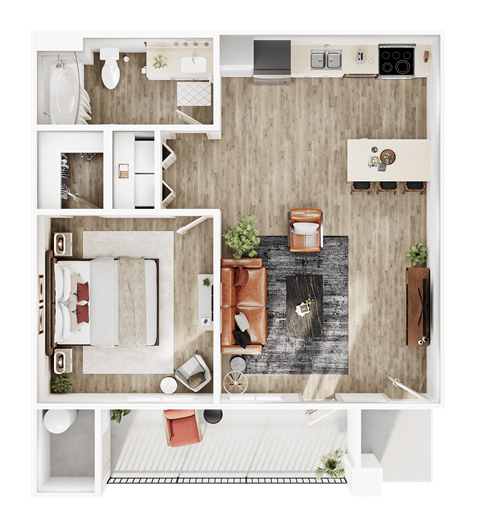 Floor plan for 1 bed, 1 bath, 845 sqft